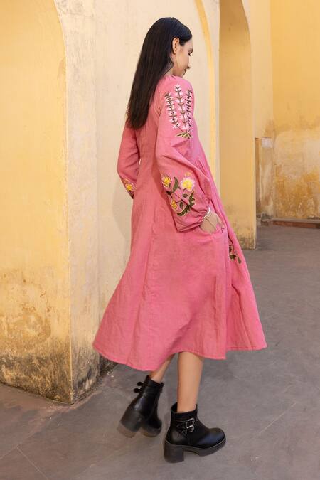 Buy_ASRUMO_Pink Linen Embroidery V-neck Hand Midi Dress _Online_at_Aza_Fashions