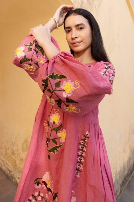 ASRUMO_Pink Linen Embroidery V-neck Hand Midi Dress _at_Aza_Fashions