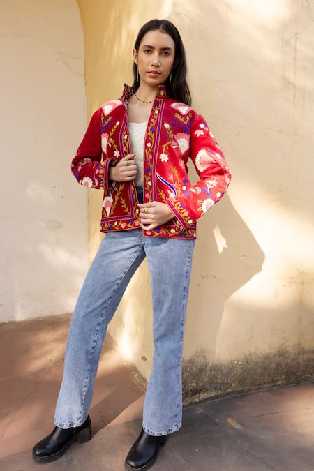 ASRUMO_Red Velvet Embroidery High Neck Hand Floral Jacket _Online_at_Aza_Fashions