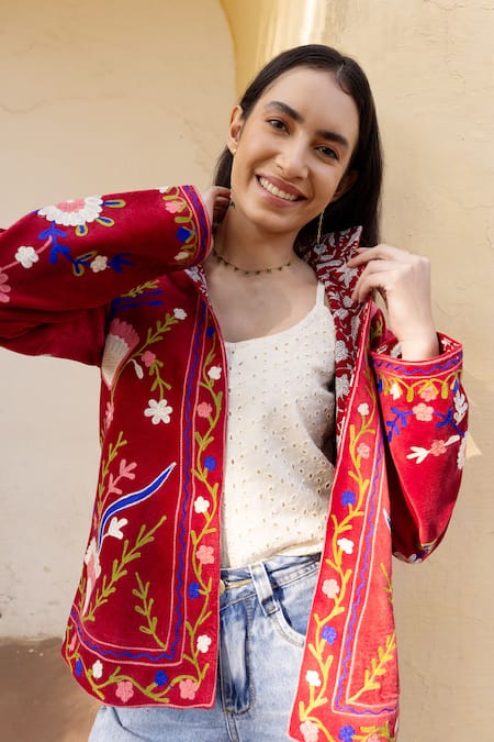 Buy_ASRUMO_Red Velvet Embroidery High Neck Hand Floral Jacket _Online_at_Aza_Fashions