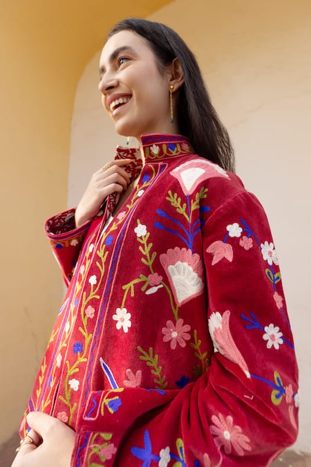 Shop_ASRUMO_Red Velvet Embroidery High Neck Hand Floral Jacket _Online_at_Aza_Fashions