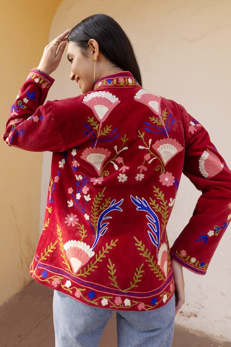 ASRUMO Velvet Hand Embroidered Floral Jacket 