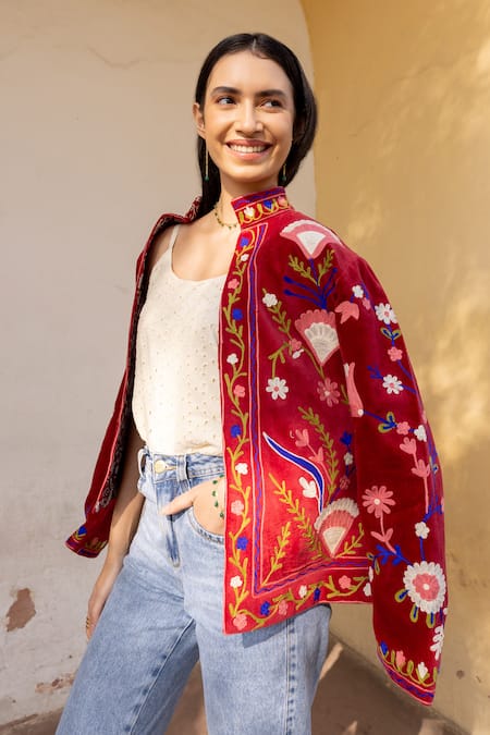 ASRUMO_Red Velvet Embroidery High Neck Hand Floral Jacket _at_Aza_Fashions