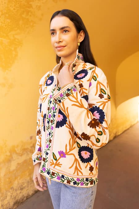 ASRUMO_Off White Velvet Embroidery High Neck Floral Hand Jacket _Online_at_Aza_Fashions