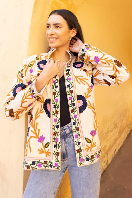 Buy_ASRUMO_Off White Velvet Embroidery High Neck Floral Hand Jacket _Online_at_Aza_Fashions