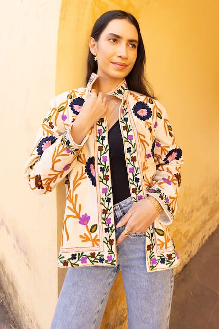 Shop_ASRUMO_Off White Velvet Embroidery High Neck Floral Hand Jacket _Online_at_Aza_Fashions