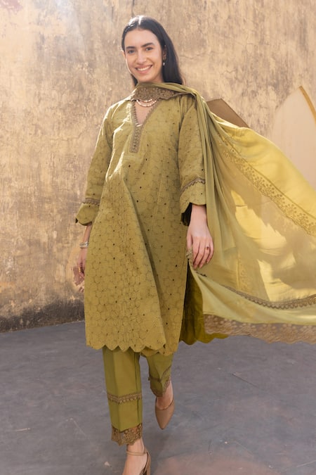 ASRUMO_Olive Green Cotton Embroidery V-neck Schiffli Hand Kurta Set _at_Aza_Fashions