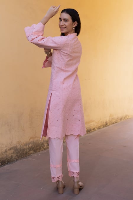 ASRUMO_Pink Cotton, Chiffon Embroidery, Lace V-neck Schiffli Hand Kurta Set _Online_at_Aza_Fashions