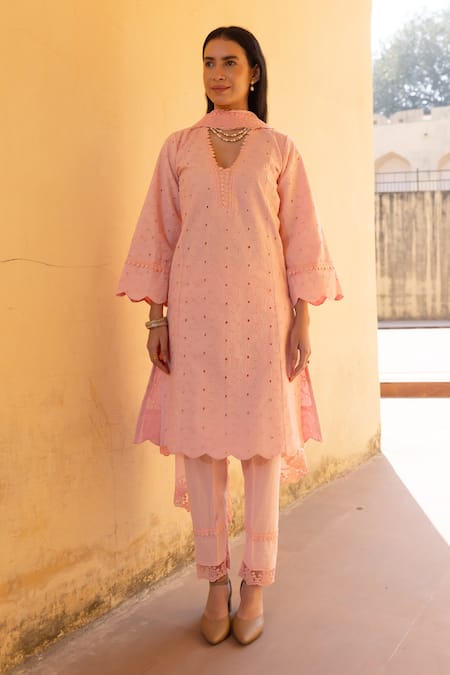 Shop_ASRUMO_Pink Cotton, Chiffon Embroidery, Lace V-neck Schiffli Hand Kurta Set _Online_at_Aza_Fashions