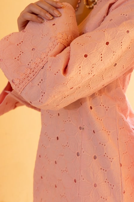 ASRUMO_Pink Cotton, Chiffon Embroidery, Lace V-neck Schiffli Hand Kurta Set _at_Aza_Fashions