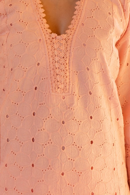 Buy_ASRUMO_Pink Cotton, Chiffon Embroidery, Lace V-neck Schiffli Hand Kurta Set 