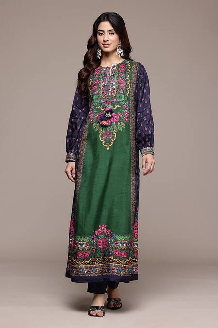 Ritu Kumar_Green Viscose, Crepe, Dupion Tassels Round Amama Floral Print Kurta With Palazzo _Online_at_Aza_Fashions