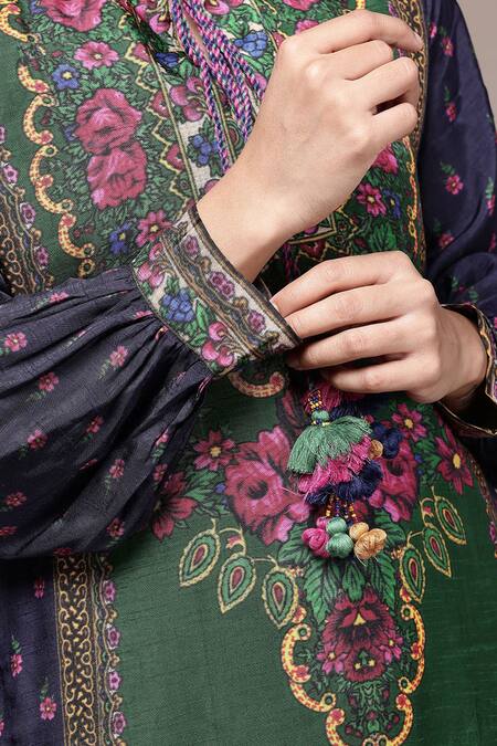 Ritu Kumar_Green Viscose, Crepe, Dupion Tassels Round Amama Floral Print Kurta With Palazzo _at_Aza_Fashions