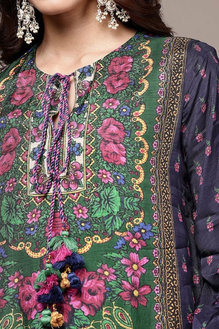 Buy_Ritu Kumar_Green Viscose, Crepe, Dupion Tassels Round Amama Floral Print Kurta With Palazzo 