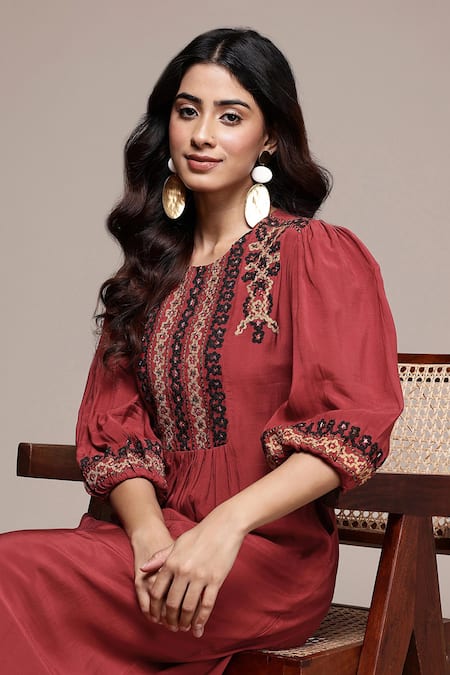 Ritu Kumar_Red Viscose, Silk Embroidery, Sequins Round , Keyhole Yoke Dress _Online_at_Aza_Fashions