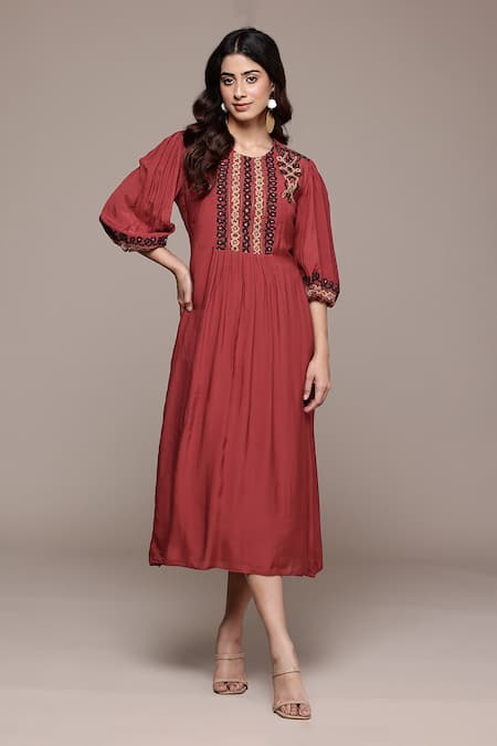 Buy_Ritu Kumar_Red Viscose, Silk Embroidery, Sequins Round , Keyhole Yoke Dress _Online_at_Aza_Fashions