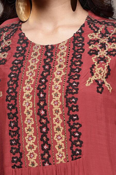 Shop_Ritu Kumar_Red Viscose, Silk Embroidery, Sequins Round , Keyhole Yoke Dress _Online_at_Aza_Fashions