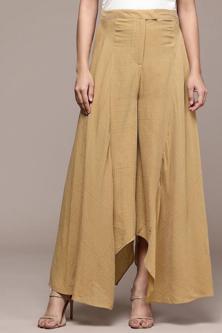 Buy_Ritu Kumar_Beige Cotton, Viscose Asymmetric Plain Pant _Online_at_Aza_Fashions