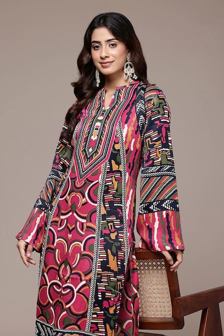 Shop_Ritu Kumar_Red Modal, Satin V-neck Geometric Print Kurta With Pant _Online_at_Aza_Fashions