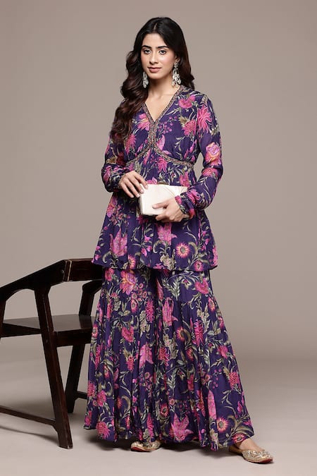 Ritu Kumar Purple Printed Kurta With Sharara