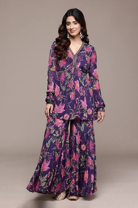 Ritu Kumar_Purple Viscose Chinon Chiffon Embroidery, Metallic Printed Kurta With Sharara _Online_at_Aza_Fashions