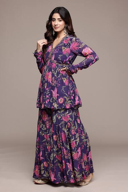 Buy_Ritu Kumar_Purple Viscose Chinon Chiffon Embroidery, Metallic Printed Kurta With Sharara _Online_at_Aza_Fashions