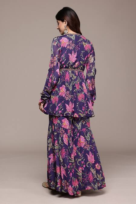 Shop_Ritu Kumar_Purple Viscose Chinon Chiffon Embroidery, Metallic Printed Kurta With Sharara _Online_at_Aza_Fashions