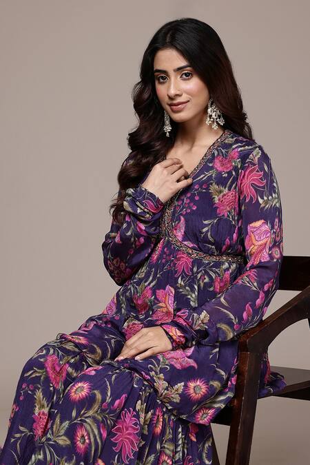 Buy_Ritu Kumar_Purple Viscose Chinon Chiffon Embroidery, Metallic Printed Kurta With Sharara 