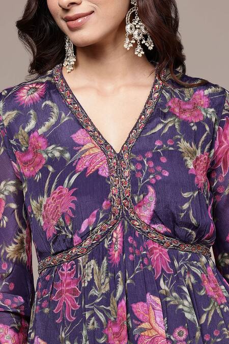 Shop_Ritu Kumar_Purple Viscose Chinon Chiffon Embroidery, Metallic Printed Kurta With Sharara 