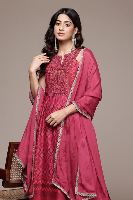 Ritu Kumar_Pink Chanderi, , Chiffon, Geometric Print Kurta Sharara Set _Online_at_Aza_Fashions