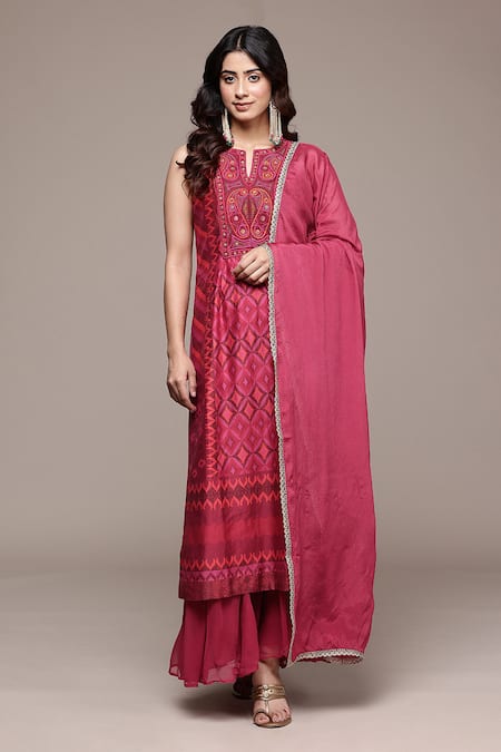 Buy_Ritu Kumar_Pink Chanderi, , Chiffon, Geometric Print Kurta Sharara Set _Online_at_Aza_Fashions