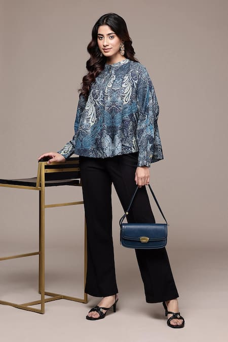 Ritu Kumar_Blue Bemberg, Viscose Mandarin Collar Paisley Pattern Top _Online_at_Aza_Fashions