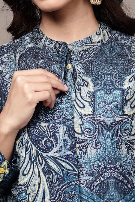 Ritu Kumar_Blue Bemberg, Viscose Mandarin Collar Paisley Pattern Top _at_Aza_Fashions