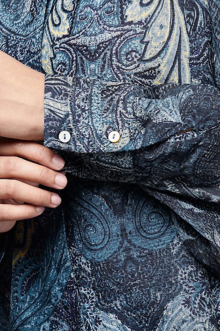 Buy_Ritu Kumar_Blue Bemberg, Viscose Mandarin Collar Paisley Pattern Top 