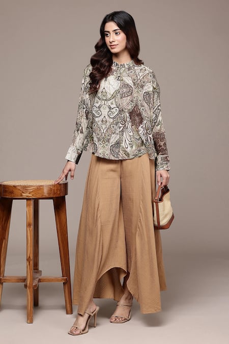 Ritu Kumar_Grey Viscose, Bemberg Mandarin Collar Paisley Pattern Top _Online_at_Aza_Fashions
