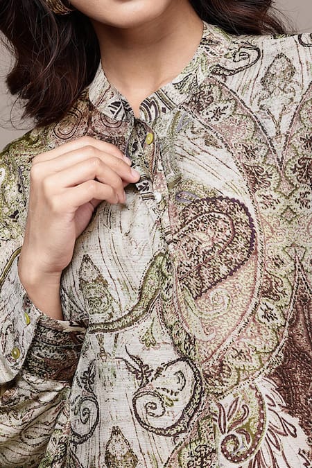 Shop_Ritu Kumar_Grey Viscose, Bemberg Mandarin Collar Paisley Pattern Top _Online_at_Aza_Fashions