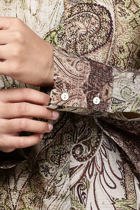 Ritu Kumar_Grey Viscose, Bemberg Mandarin Collar Paisley Pattern Top _at_Aza_Fashions