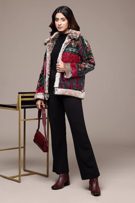 Ritu Kumar_Red Silk, Velvet Open Neck Floral Pattern Jacket _Online_at_Aza_Fashions