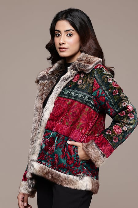 Shop_Ritu Kumar_Red Silk, Velvet Open Neck Floral Pattern Jacket _Online_at_Aza_Fashions