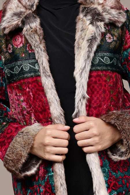 Ritu Kumar_Red Silk, Velvet Open Neck Floral Pattern Jacket _at_Aza_Fashions