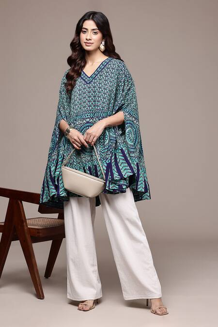 Ritu Kumar_Blue Crepe V-neck Teal Jigisa Half Sleeves A-line Kurta _Online_at_Aza_Fashions