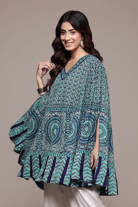 Buy_Ritu Kumar_Blue Crepe V-neck Teal Jigisa Half Sleeves A-line Kurta _Online_at_Aza_Fashions