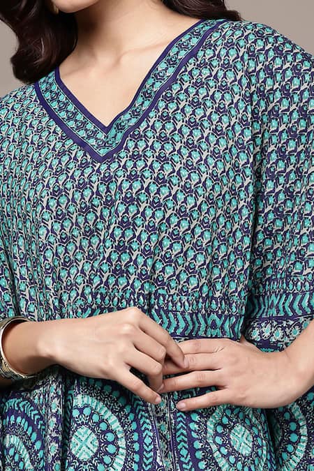 Shop_Ritu Kumar_Blue Crepe V-neck Teal Jigisa Half Sleeves A-line Kurta _Online_at_Aza_Fashions