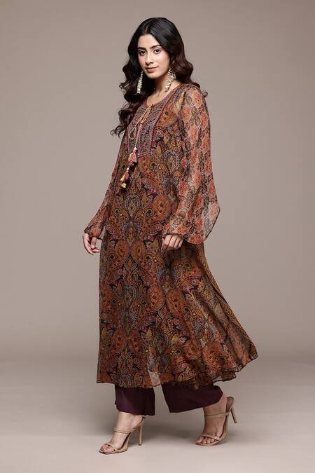 Buy_Ritu Kumar_Brown Viscose, Chiffon, Crepe Tassels Paisley Print Full Sleeve Kurta With Pant _Online_at_Aza_Fashions