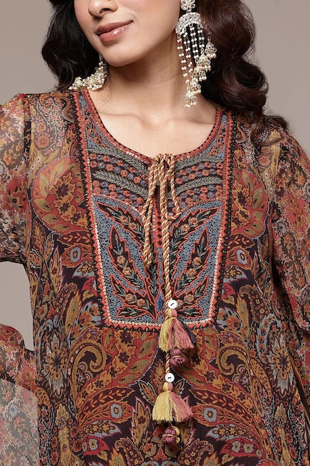 Shop_Ritu Kumar_Brown Viscose, Chiffon, Crepe Tassels Paisley Print Full Sleeve Kurta With Pant _Online_at_Aza_Fashions