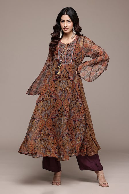 Ritu Kumar_Brown Viscose, Chiffon, Crepe Tassels Paisley Print Full Sleeve Kurta With Pant _at_Aza_Fashions