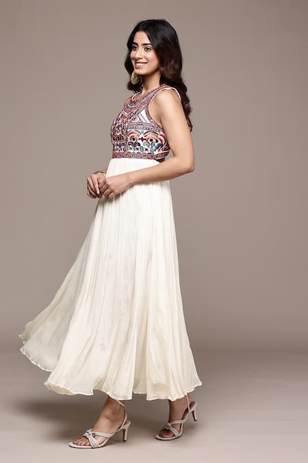 Ritu Kumar Beige Cotton Embroidery, Mirrors Round Neck Kashi Sleeveless Dress Online at Aza Fashions Ritu Kumar_Beige Cotton Embroidery, Mirrors Round Neck Kashi Sleeveless Dress _Online_at_Aza_Fashions