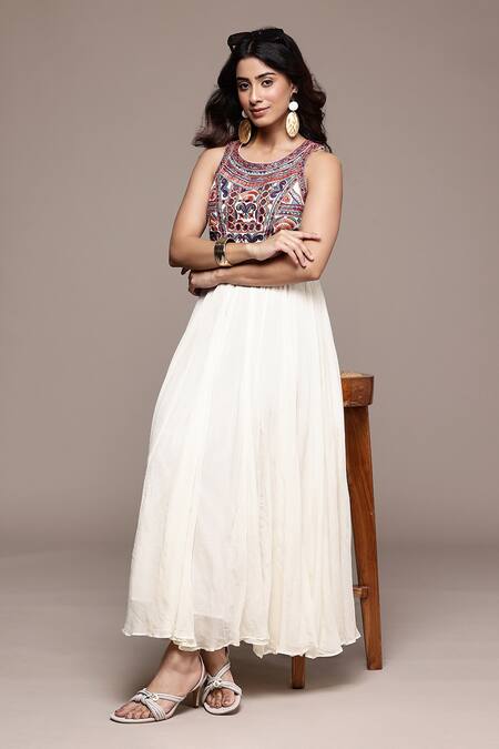 Buy Ritu Kumar Beige Cotton Embroidery, Mirrors Round Neck Kashi Sleeveless Dress Online at Aza Fashions Buy_Ritu Kumar_Beige Cotton Embroidery, Mirrors Round Neck Kashi Sleeveless Dress _Online_at_Aza_Fashions