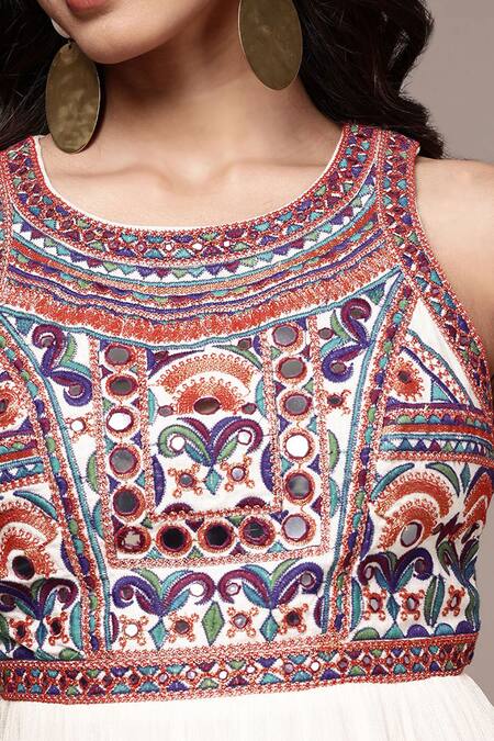 Shop Ritu Kumar Beige Cotton Embroidery, Mirrors Round Neck Kashi Sleeveless Dress Shop_Ritu Kumar_Beige Cotton Embroidery, Mirrors Round Neck Kashi Sleeveless Dress