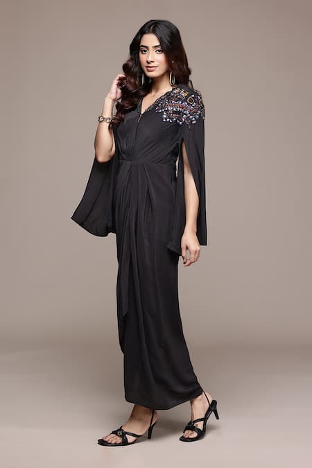 Ritu Kumar_Black Viscose, Crepe Beads, Embroidery V-neck Lior Fit And Flare Dress _Online_at_Aza_Fashions